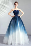 Sweetheart Strapless Blue Ombre Prom Dresses Lace up A line Formal Dresses RJS339