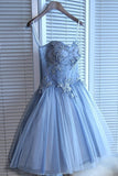 Sweetheart Strapless Homecoming Dresses Beads Blue Lace up Tulle Short Cocktail Dresses