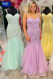 Sweetheart Straps Lace & Tulle Prom Dresses Mermaid With Applique Sweep Train Rjerdress