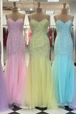 Sweetheart Straps Lace & Tulle Prom Dresses Mermaid With Applique Sweep Train Rjerdress