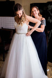 Sweetheart White Wedding Dresses with Rhinestone Sash Strapless Tulle Bride Dresses