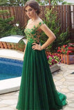 Cheap A Line Round Neck Green Tulle Long Prom Dresses Appliques