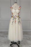 Tea Length Straps Homecoming Dress With Flower, Cocktail Dresses With 3D Flower Rjerdress