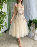 Tea Length Straps Homecoming Dress With Flower, Cocktail Dresses With 3D Flower