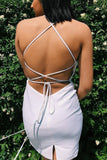 Tie Back Sheath White Homecoming Dress With Split Satin Rjerdress
