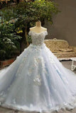 Tiffany Blue Bridal Dresses Tulle Lace Up With Appliques And Handmade Flowers Off The Shoulder