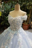 Tiffany Blue Bridal Dresses Tulle Lace Up With Appliques And Handmade Flowers Off The Shoulder Rjerdress