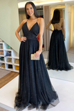 Top V-Neck Black Tulle A line Sleeveless Open Back Popular Prom Dresses Rjerdress