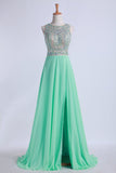 Tow-Tone Bateau Open Back Party Dresses A-Line Beaded Bodice With Slit Chiffon