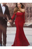 Trumpet/Mermaid Off-The-Shoulder Long Sleeves Floor-Length Ruffles Lace Prom Dresses Rjerdress