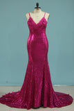 Trumpet/Mermaid Spaghetti Straps Rose Gold Sequins Backless Prom Evening Dress With Applique Rjerdress