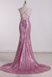 Trumpet/Mermaid Spaghetti Straps Rose Gold Sequins Backless Prom Evening Dress With Applique Rjerdress
