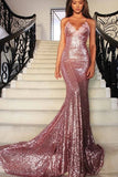 Trumpet/Mermaid Spaghetti Straps Rose Gold Sequins Backless Prom Evening Dress With Applique