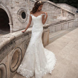 Trumpet/Mermaid Tulle Applique Off-The-Shoulder Sleeveless Sweep/Brush Train Wedding Dresses Rjerdress