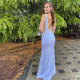 Trumpet/Mermaid V-Neck Sleeveless Floor-Length Sequins Prom Dresses Rjerdress