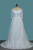 Tulle A Line Boat Neck 3/4 Length Sleeves Bridal Dresses With Applique