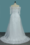 Tulle A Line Boat Neck 3/4 Length Sleeves Bridal Dresses With Applique Rjerdress