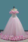 Tulle Ball Gown Off The Shoulder Quinceanera Dresses With Handmade Flower Rjerdress