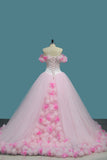 Tulle Ball Gown Off The Shoulder Quinceanera Dresses With Handmade Flower Rjerdress
