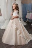Tulle Bateau Flower Girl Dresses Short Sleeves With Applique And Sash Rjerdress