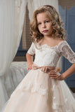 Tulle Bateau Flower Girl Dresses Short Sleeves With Applique And Sash Rjerdress
