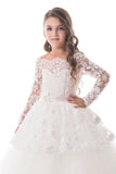 Tulle Boat Neck Flower Girl Dresses A Line Long Sleeves With Applique Rjerdress