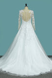 Tulle Bridal Dresses Scoop Long Sleeves A Line With Applique Court Train Rjerdress
