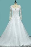 Tulle Bridal Dresses Scoop Long Sleeves A Line With Applique Court Train