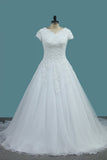 Tulle Bridal Dresses V Neck Short Sleeves With Applique Court Train