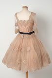 Tulle Homecoming Dresses A Line Scoop Mid-Length Sleeves With Applique Rjerdress