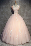 Tulle Long Prom Dress With Flowers, Princess Ball Gown Sheer Neck Quinceanera Dress