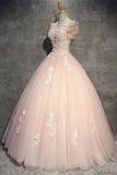 Tulle Long Prom Dress With Flowers, Princess Ball Gown Sheer Neck Quinceanera Dress Rjerdress