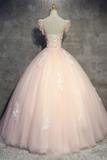Tulle Long Prom Dress With Flowers, Princess Ball Gown Sheer Neck Quinceanera Dress Rjerdress