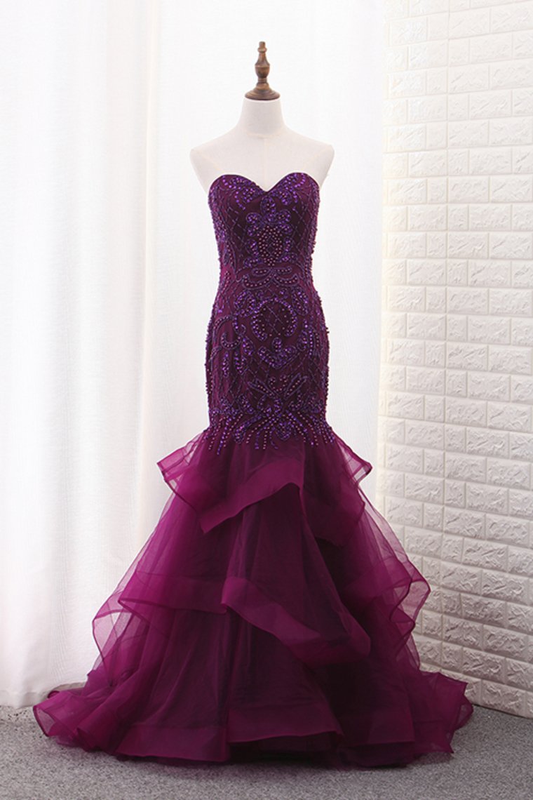 Tulle Mermaid Sweetheart Party Dresses With Beading Sweep Train Rjerdress