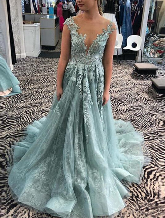 Tulle Prom Dresses Scoop With Applique Sweep Train A Line Rjerdress