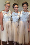 Tulle Scoop  Bridesmaid Dresses A Line With Applique Tea-Length Rjerdress