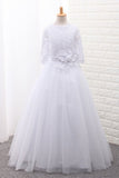 Tulle Scoop Flower Girl Dresses Ball Gown Mid-Length Sleeves With Sash Rjerdress