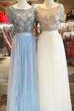 Tulle Scoop Neck A-line Floor-length with Beading Two Piece Short Sleeve Prom Dresses Rrjs631