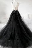 Tulle Scoop Neck Prom Dresses A Line With Applique Sweep Train Rjerdress