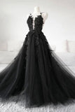 Tulle Scoop Neck Prom Dresses A Line With Applique Sweep Train