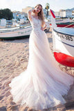 Tulle Scoop Neckline Pink A-line Lace Appliques Long Sleeves Bowknot Wedding Dresses Rjerdress
