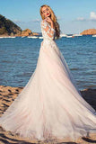 Tulle Scoop Neckline Pink A-line Lace Appliques Long Sleeves Bowknot Wedding Dresses Rjerdress