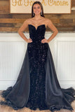 Tulle & Sequin Strapless Black Prom Dresses Mermaid Sweep Train Detachable