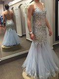 Tulle Sequin Straps Prom Dresses Mermaid With Beads Open Back