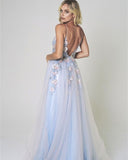 Tulle Spaghetti Straps Long Prom Dress, Evening Dress With Applique Floor Length Rjerdress