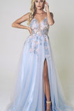 Tulle Spaghetti Straps Long Prom Dress, Evening Dress With Applique Floor Length Rjerdress