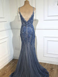 Tulle Spaghetti Straps Prom Dresses Mermaid With Applique Sweep Train Rjerdress