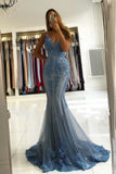 Tulle Spaghetti Straps Prom Dresses Mermaid With Applique Sweep Train Rjerdress