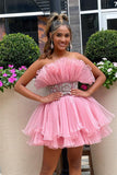 Tulle Strapless A Line Tiered Homecoming Dresses With Sash