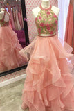 Tulle Two Piece Halter Open Back Prom Dresses with Appliques Sleeveless Formal Gowns Rjerdress